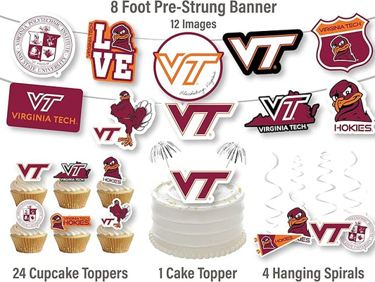 Party Supplies for Football, Birthday Gift, Graduation Party Banner and Cake Toppers (42 Pieces) (Virginia Tech Hokies)