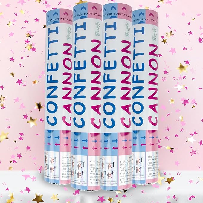 4 Pack Gender Reveal Confetti Cannon, 12 in Pink Star Shaped Paper Party Poppers Cannons, Confetti Poppers For Baby Boy Girl Gender Reveal Baby Showers (Star, Pink)