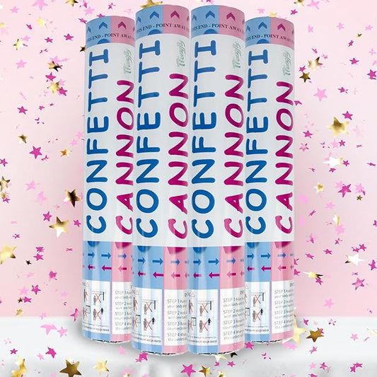 4 Pack Gender Reveal Confetti Cannon, 12 in Pink Star Shaped Paper Party Poppers Cannons, Confetti Poppers For Baby Boy Girl Gender Reveal Baby Showers (Star, Pink)