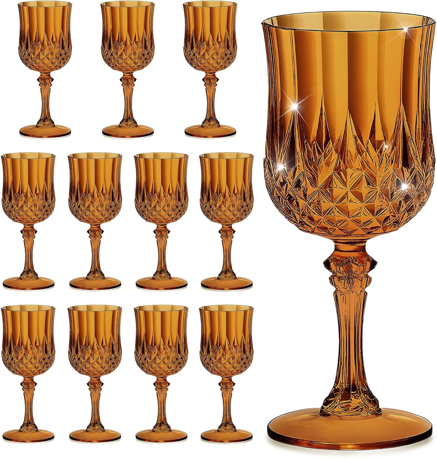 12PCS 7OZ Amber Wine Plastic Glasses, Drinking Champagne Glasses Flutes Crystal Vintage Water Unbreakable Goblets for Wedding, Parties