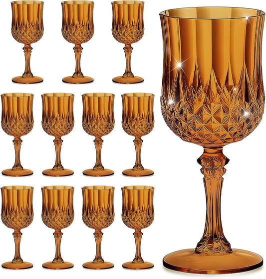 12PCS 7OZ Amber Wine Plastic Glasses, Drinking Champagne Glasses Flutes Crystal Vintage Water Unbreakable Goblets for Wedding, Parties