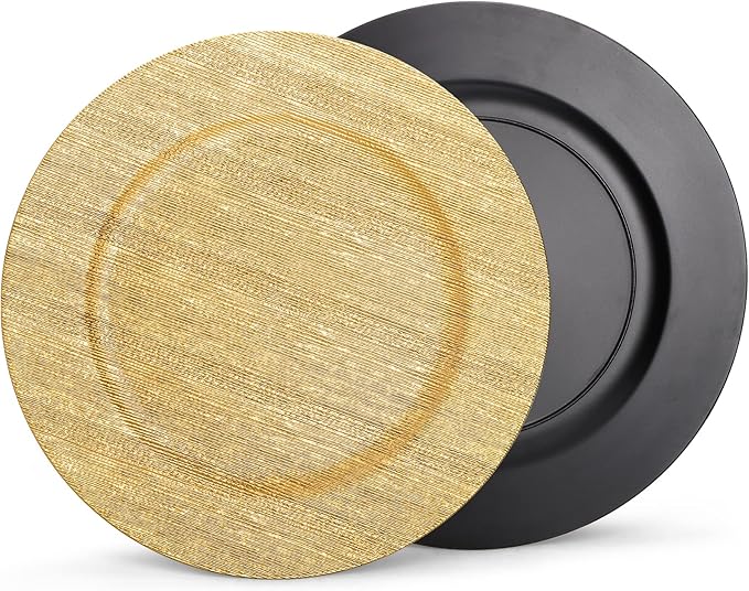 Jucoan 12 Pack Gold Charger Plates for Dinner Plates, 13 Inch Round Plastic Shiny Texture Strip Charger Plates for Wedding Thanksgiving Christmas Party Event Catering Hotel Tabletop Setting Decor
