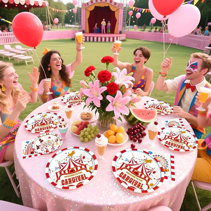 Grencian 200Pcs Carnival Party Decorations Carnival Circus Plates and Napkins Disposable Circus Theme Paper Tableware Set for Birthday Baby Shower Fiesta Party Supplies, Serves 50