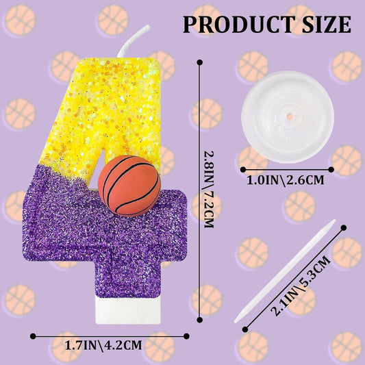 HXOUSE Basketball Number 4 Birthday Candles - Purple Gold Birthday Candles for Cake, 4 Candle for Basketball Theme Cake Topper, Boys Sport Party Decorations Gifts (No.4)