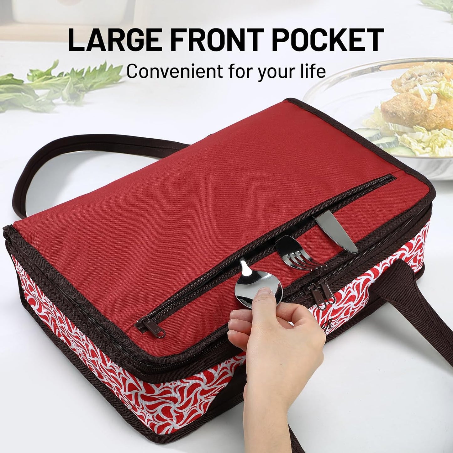 MIER Insulated Casserole Carrier for Hot or Cold Food Thermal Food Carrier Bag for Lasagna Potluck Parties Picnic Cookouts, Fits 9"x13" Baking Dish/Foil Pan, Red