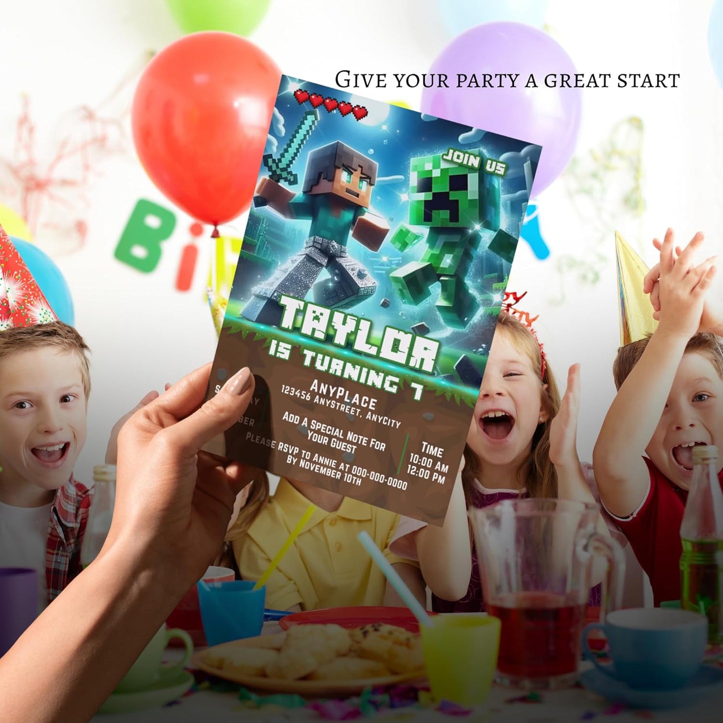 Fully Customizable minecraft Birthday Party Invitations, 4 x 6 inches, with Self-Sealing Envelopes, Gaming Theme Design, minecraft Birthday Invitations for Boys and Girls (Minecraft/Diamond)