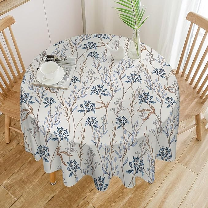 Abstract Geometry Leaf Tablecloth, Thanksgiving Autumn Harvest Fall Watercolor Blue Yellow Leaves Table Cover for Party Picnic Dinner Decor 50x50 Inch Round