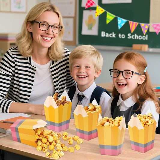 DECYOOL 24 Pieces Back to School Popcorn Boxes, Candy Pencil Treat Bags for Welcome Back to School Teacher Appreciation Gifts School Classroom Decoration