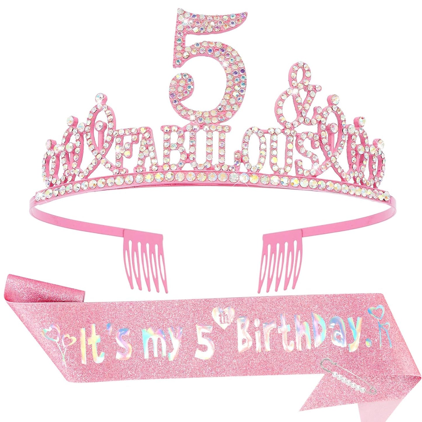 5th Birthday Decorations for Girls Set - Happy 5th Birthday Princess Crown and Glitter Sash, 5 Year Old Girl Tiara Party Decorations Supplies Outfit Accessory Gifts