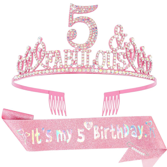 5th Birthday Decorations for Girls Set - Happy 5th Birthday Princess Crown and Glitter Sash, 5 Year Old Girl Tiara Party Decorations Supplies Outfit Accessory Gifts