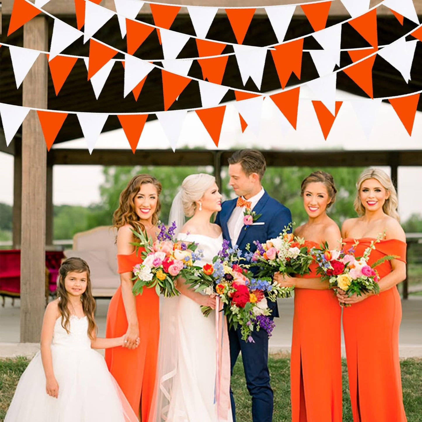 32Ft Orange White Triangle Flag Fabric Banner Pennant Garland Bunting Streamers for Fall Decor Autumn Wedding Birthday Party Thanksgiving Day Graduation Home Nursery Outdoor Garden Hanging Decoration