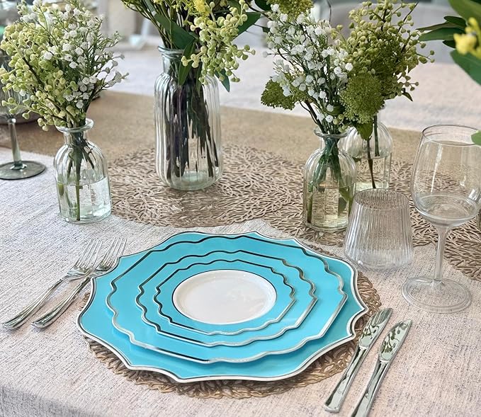" OCCASIONS " 10 Pieces 13.25'' Scalloped Disposable/Reusable Plastic Charger Plates for Wedding, (Scalloped Imperial Turquoise Blue/Green & Silver)