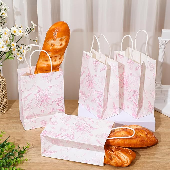 Gueevin 24 Pcs Pink Floral Gift Bags Bulk Flower Party Small Paper Bags with Handles Decorative Packaging Goodie Candy Treat Pouches for Wedding Birthday Tea Party, 5.9 x 8.3 x 3.1 Inch