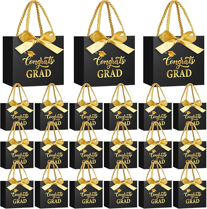 Moinchore 30 Pcs Black Gold Graduation Paper Gift Bags Bulk 5.5 x 4.7 x 2.5'' Mini 2026 Congrats Grad Favor Bags with Handles Bow Ribbon Wrap Graduation Day Party Supplies for College High School