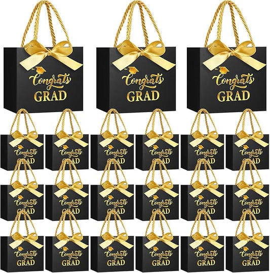 Moinchore 30 Pcs Black Gold Graduation Paper Gift Bags Bulk 5.5 x 4.7 x 2.5'' Mini 2026 Congrats Grad Favor Bags with Handles Bow Ribbon Wrap Graduation Day Party Supplies for College High School