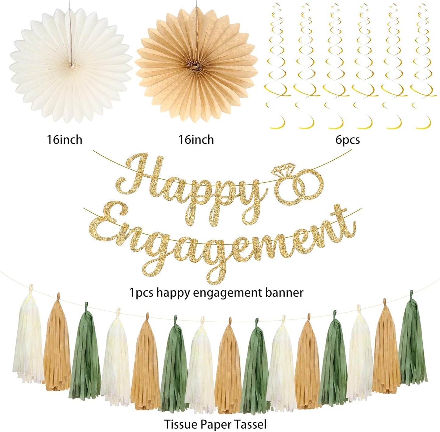 Roetyce Engagement Party Decorations, Green and Gold Glitter Happy Engagement Banner, Almost Married/Just Engaged Photo Background, Sage Green Congratulations Wedding Bachelorette Backdrop Decor