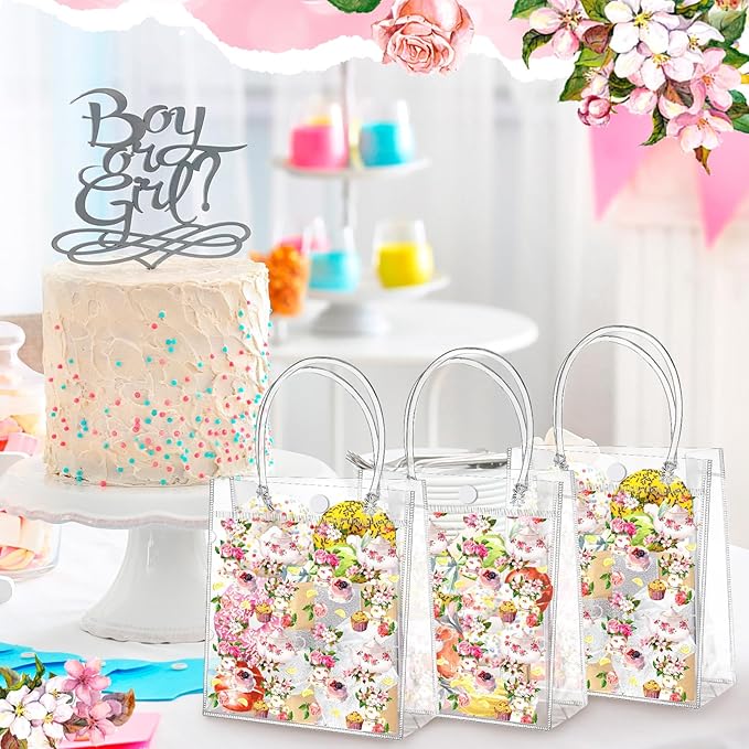 Tioncy 24 Pcs Tea Party Gift Bags Tea Party Clear PVC Gift Bags Decorations Floral Teapot Goodie Treat Bags with Handles for Birthday Goody Wedding Events Favors Supplies