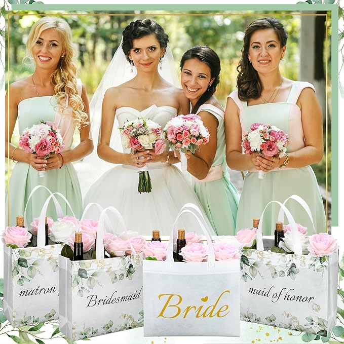 Set of 12 Greenery Eucalyptus Bridesmaid Tote Bags Large Reusable Bridal Shower Gift Bags with Handle for Wedding Bridal Shower Proposal Bachelorette Supplies 11.8 x 3.9 x 9.8 Inch