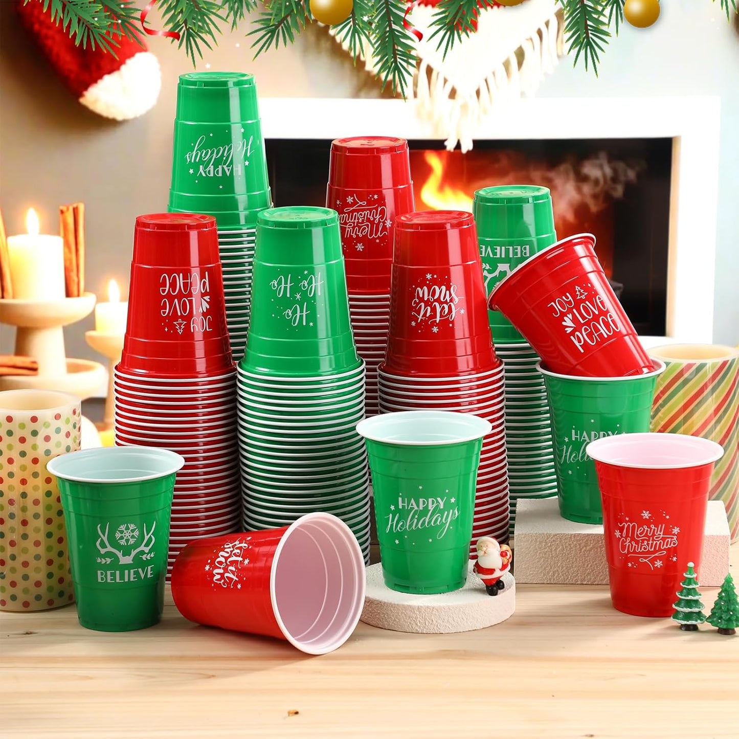 Sliner 180 Pcs 16 oz Christmas Plastic Disposable Cups Bulk Snowflake Elk Star Christmas Tree Drinking Cups for Xmas Birthday Party Supplies (Red,Green)