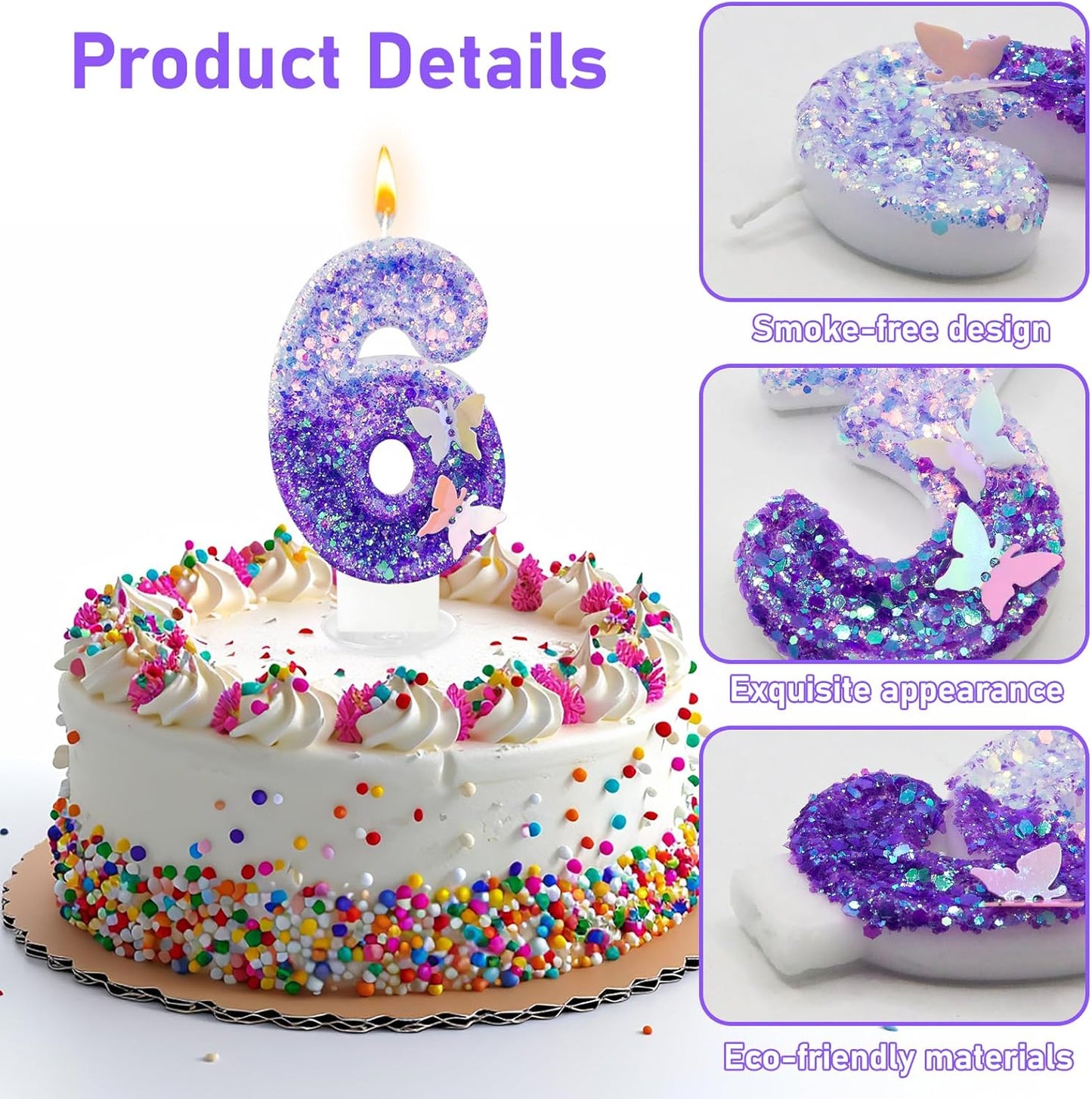 6Th Birthday Candle for Cake，Butterfly Cake Toppers，Butterfly Birthday Decorations，Purple Birthday Candles，for Birthdays,Theme Parties, Celebration, Anniversary