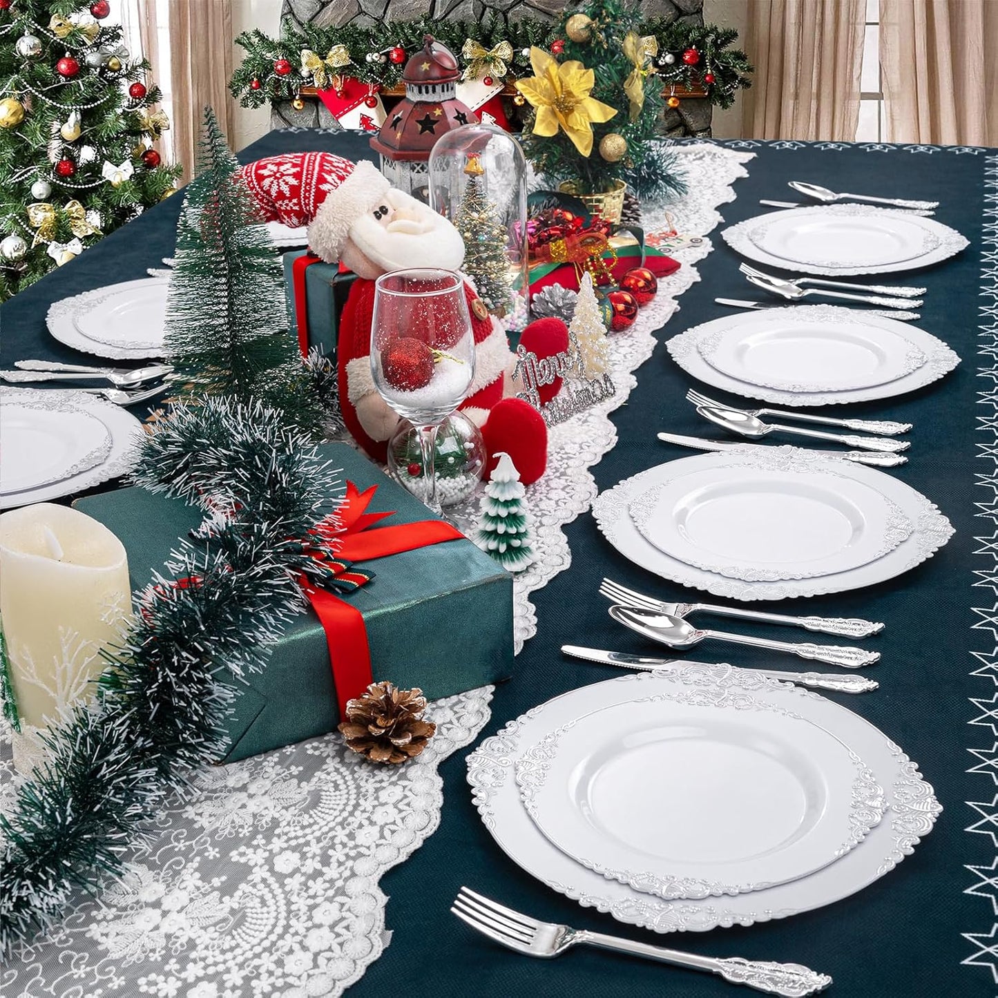 Liacere 150PCS Silver Plastic Plates with Silver Cutlery - Disposable Plastic Plates Include 30Dinner Plate, 30Dessert Plate, 30Knives, 30Spoons, 30Forks - Ideal for Wedding&Christmas