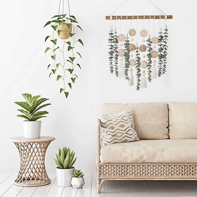 Bathroom Decor Artificial Eucalyptus Greenery Hanging Wall Decor Faux Eucalyptus Leaves Hanging Plant on Wooden Stick with Wicker Ball Rustic Farmhouse for Bedroom Nursery Boho Wall Decorations