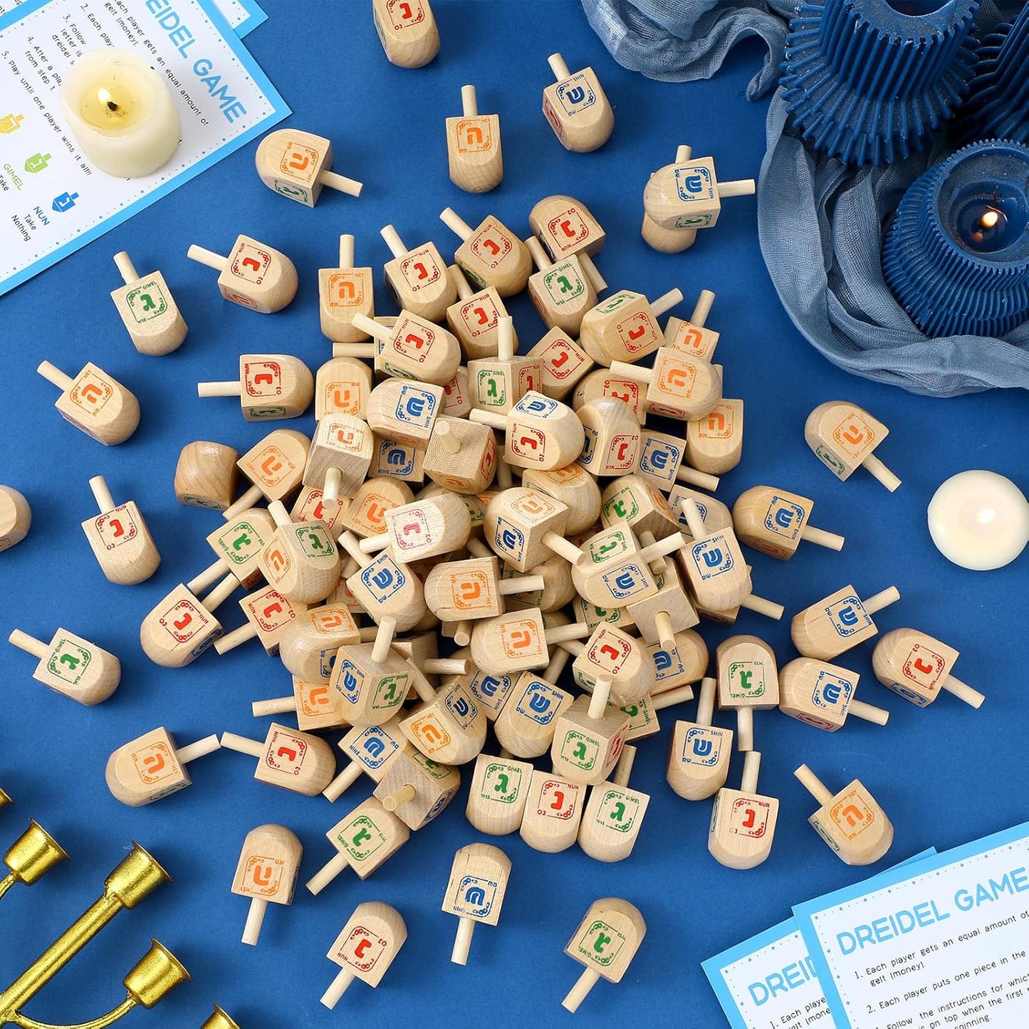 Wettarn 100 Pieces Hanukkah Dreidels Bulk Wooden Hanukkah Dreidels with Game Instruction Cards for Party Game(Size 1,Chic Style)