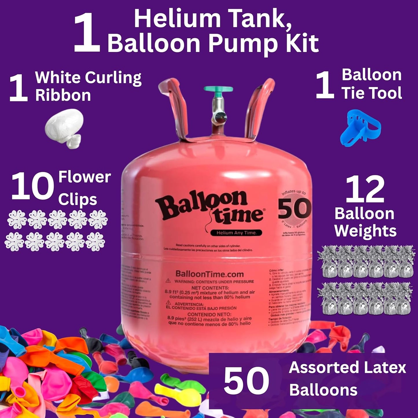 Helium Tank for Balloons At Home 14.9 Cu Ft Helium Tank, 50 Balloons and White Ribbon, 12 Silver Balloon Weights, Balloon Tie Tool and Flower Clips