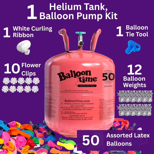 Helium Tank for Balloons At Home 14.9 Cu Ft Helium Tank, 50 Balloons and White Ribbon, 12 Silver Balloon Weights, Balloon Tie Tool and Flower Clips