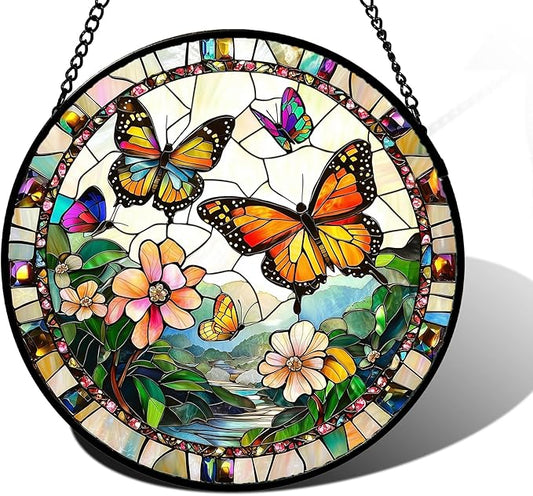 Stained Glass Window Hanging, Butterflies Flying in The Sky Suncatcher for Doors Home Sun Catchers Decoration and Christmas, Mother's Day Birthday Gifts for Women, Men, and Mom 6.3 in