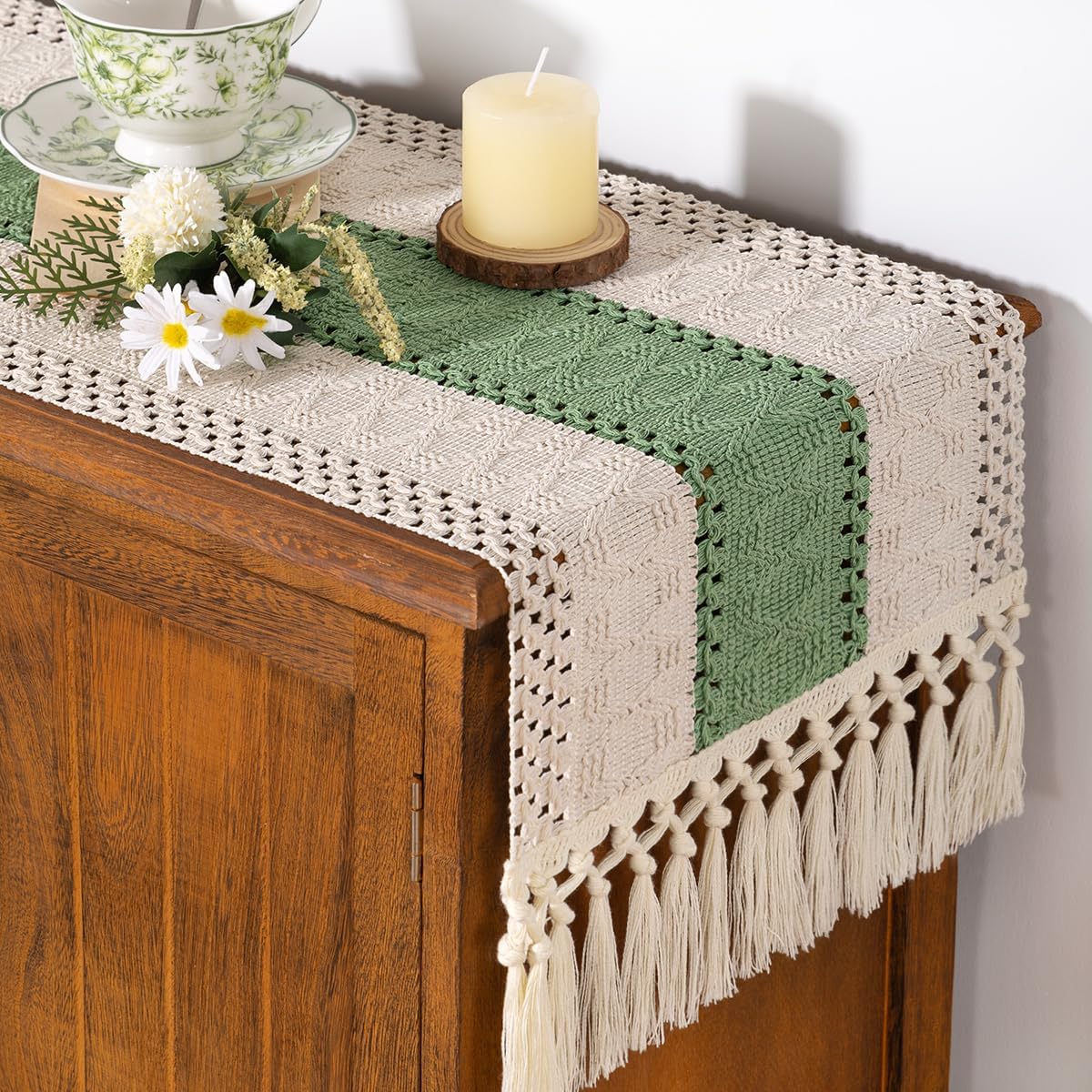 Socomi Boho Table Runner Fall Thanksgiving Farmhouse Rustic Dining Kitchen Small Macrame Woven Cotton Linen Coffee Table Runner for Dresser Scarf Home Decor 12x36 inch Sage Green Ivory