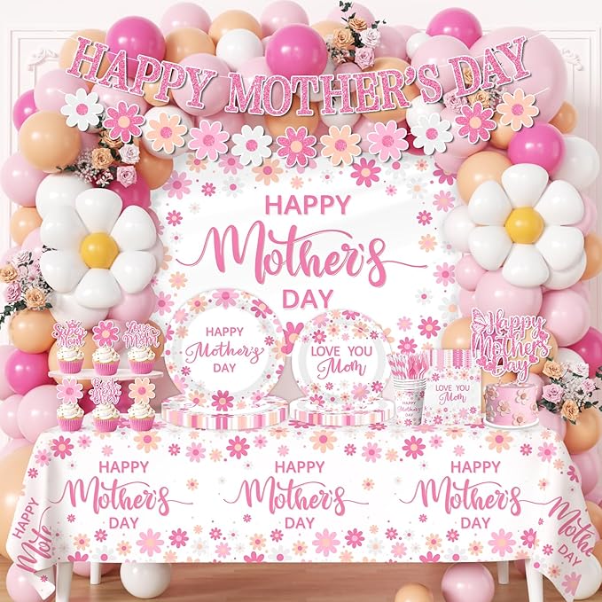Mothers Day Party Decorations,Pink Daisy Mothers Day Party Tableware Set Paper Plates,Napkins,Banner,Cake Topper Love You Mom Mother's Day Decorations for Happy Mother's Day Supplies Service 24