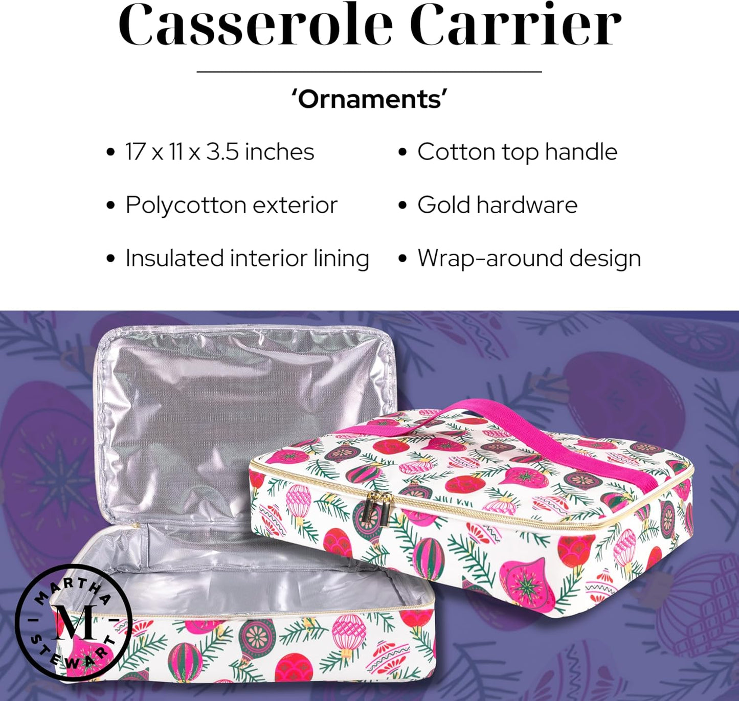 Martha Stewart Casserole Carrier for Hot or Cold Food, Fits 11.5” x 16.5” Dish, Insulated Food Carrier for Picnics, Cookouts, and Potlucks (Ornaments)
