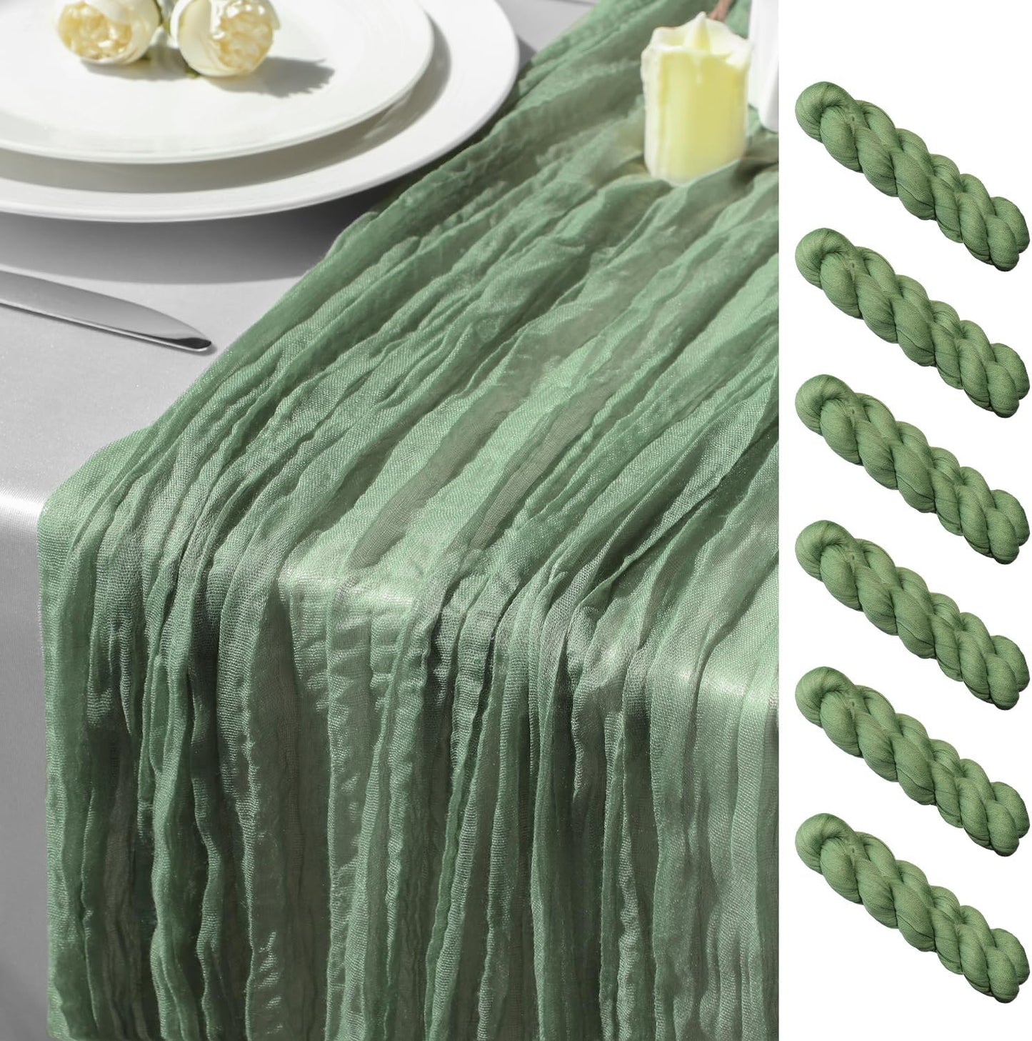 GARIG 6 Sage Green Table Runner for Summer, 10FT Boho Sheer Spring Gauze Cheesecloth Table Runner 35x120Inch for Mother's Day Wedding Party Baby Bridal Shower Birthday Home Decor