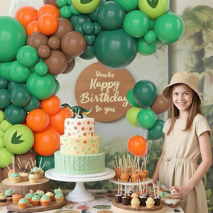 Amandir 153pcs Dinosaur Balloons Arch Garland Kit, Different Sizes 18 12 10 5 inch Dark Green Brown Orange Printed Dino Balloons for Boys Jungle Safari Dinosaur Birthday Party Baby Shower Decorations