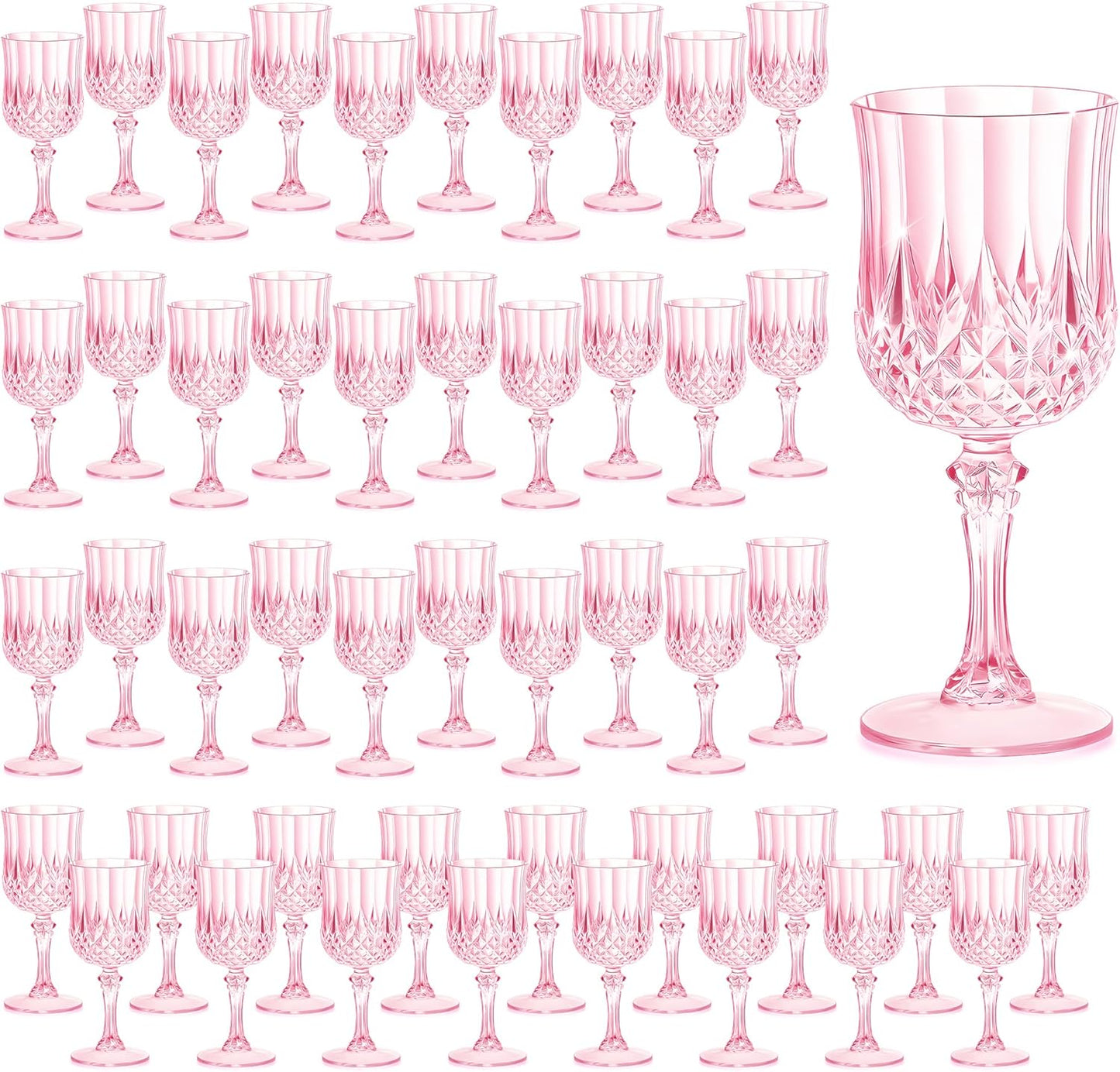 48PCS 7OZ Pink Wine Plastic Glasses, Drinking Champagne Glasses Flutes Crystal Vintage Water Unbreakable Goblets for Wedding, Parties
