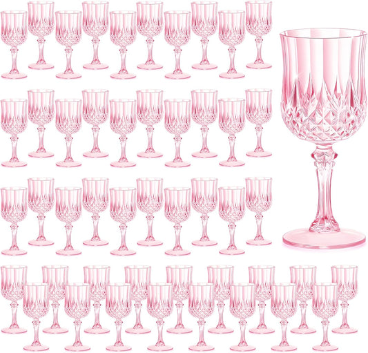 48PCS 7OZ Pink Wine Plastic Glasses, Drinking Champagne Glasses Flutes Crystal Vintage Water Unbreakable Goblets for Wedding, Parties