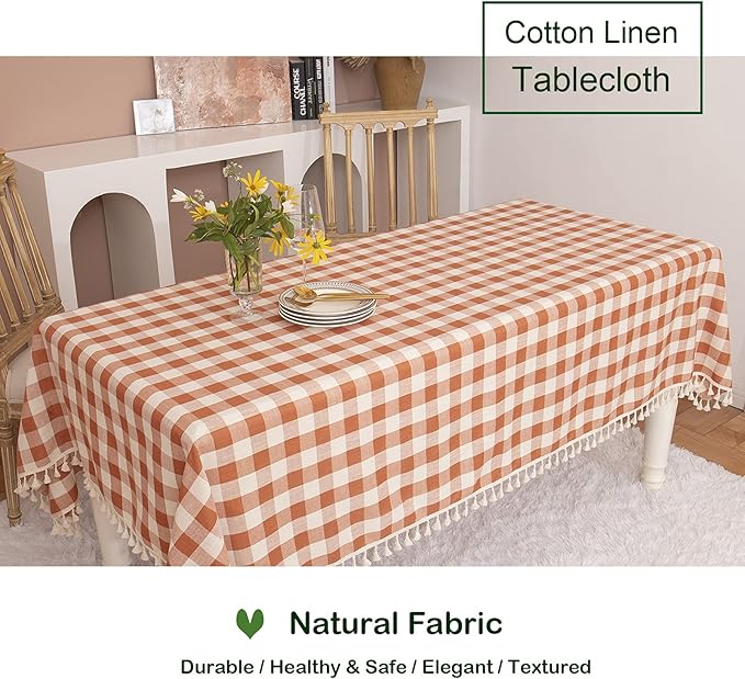 Rustic Gingham Tablecloth, Cotton Buffalo Plaid Table Cloth for Fall Thanksgiving Christmas Kitchen Restaurant Holiday Outdoor Picnic Decoration（Rectangle/Oblong, 55x84,Orange