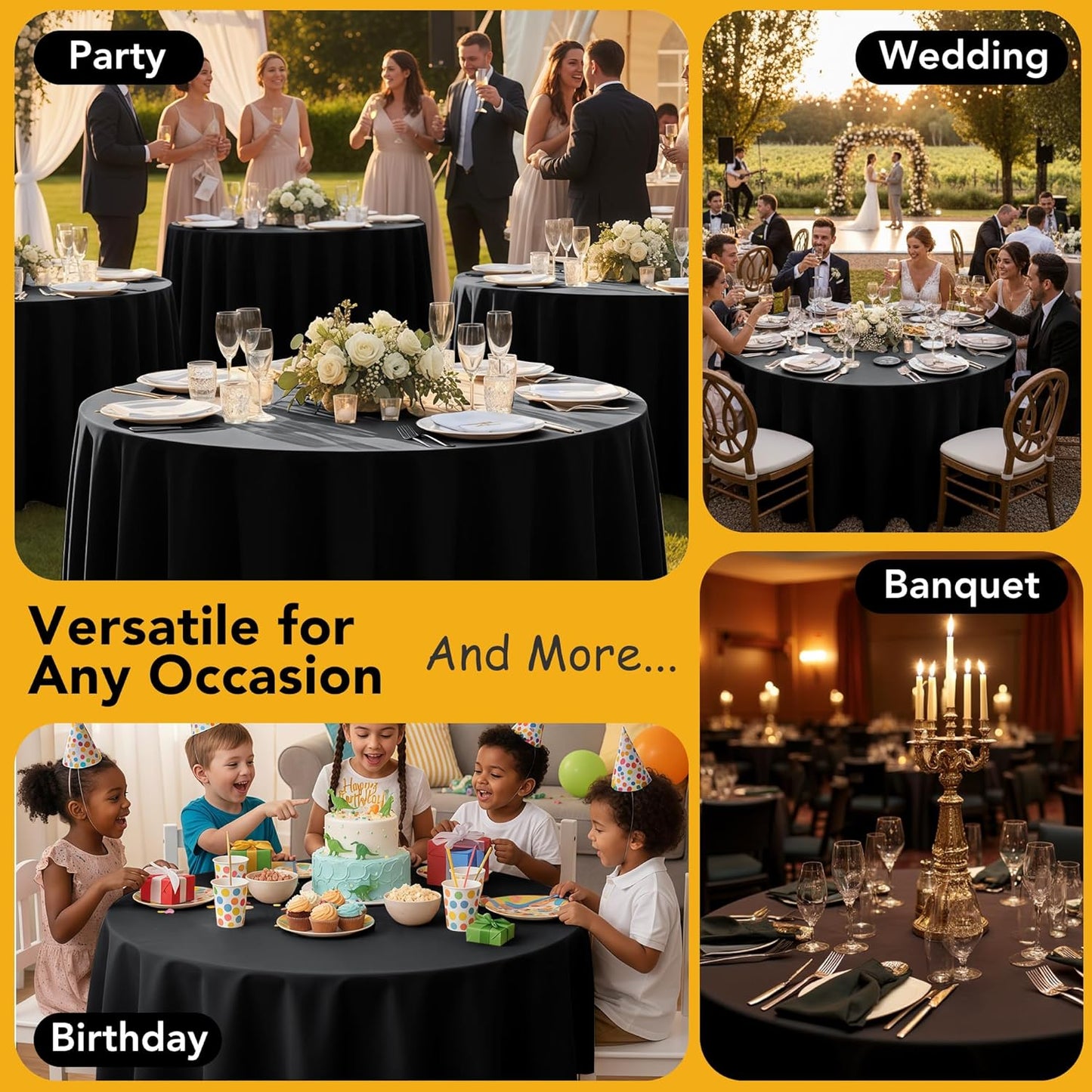 10-Pack Black Round Tablecloths, 70 Inches, Stain-Resistant Polyester for 3-4 Ft Round Tables - Washable Table Covers for Weddings, Banquets, Birthday Parties, Events