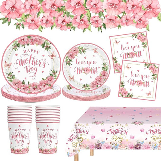 81 Pcs Happy Mothers Day Decorations Set, Includes Happy Mothers Day Dinner Paper Plates, Love You Mon Dessert Plates Napkins, Pink Tablecloth and Cups for Mother Days Party Supplies, Serves 20