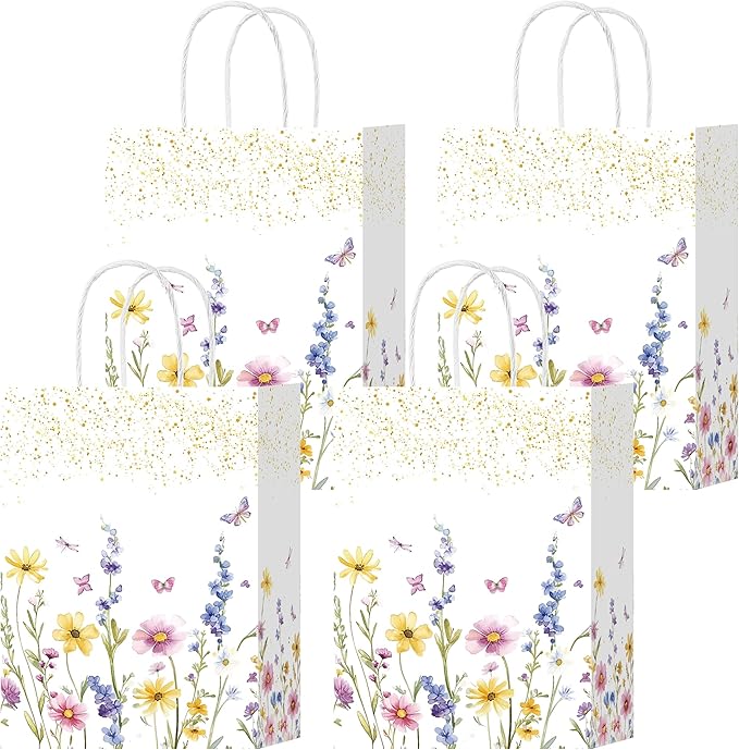 W WINTMING 16 Pcs Wildflower Gift Bags Spring Flower Welcome Bags White Paper Bag with Handle Floral Party Favor Candy Goodie Bag for Baby Shower Wedding Bridal (Wildflower-2, 16)