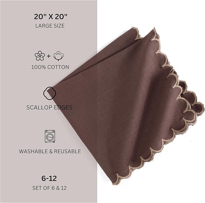 FINGERCRAFT Cloth Napkins, Everyday Use Scallop Design, Premium Quality Natural Cotton Napkin Set of 6 Perfect for Parties Dinners Weddings Easter Napkin Cloth 20x20 inch Chocolate/Brown