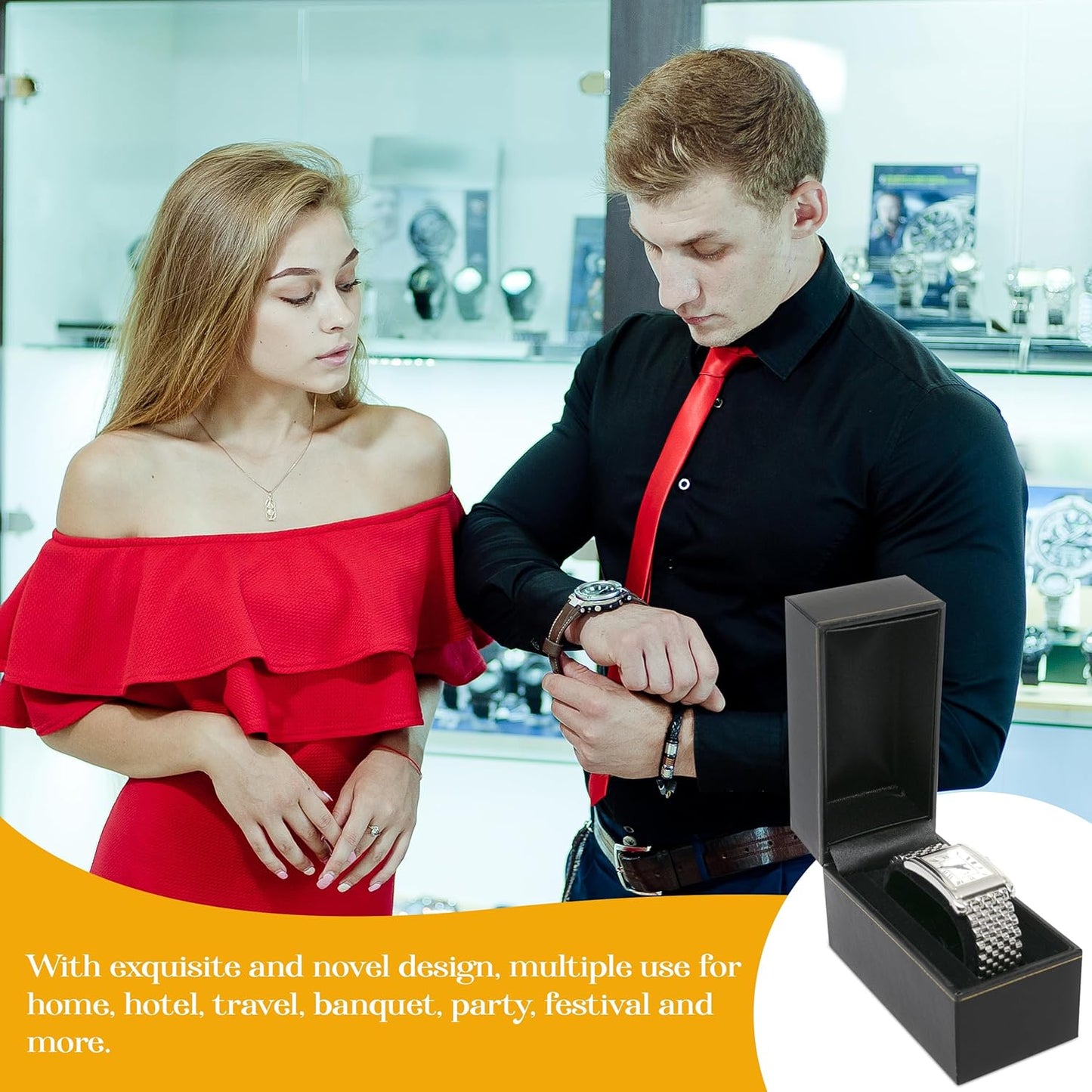 Novel Box Black Jewelry Box for Bangle/Watch 2.12x3.37x2.87 Inch - Watch/Bangles Gift Boxes with Gold Trim - Faux Leatherette Bangle/Watches Storage Case - Gift Presentation Cases for Bangle/Watch