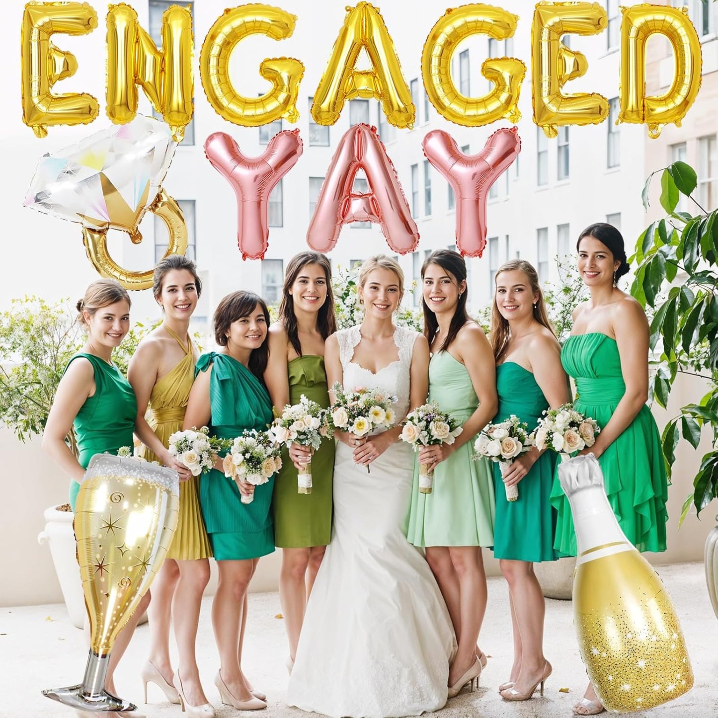 Gold Engagement Party Decorations, Engaged Yay Balloons Letters Banner, Diamond Ring White Champagne Bottle Balloon Glass Foil Balloon for Bachelorette Engagement Wedding Bridal Shower Party Supplies
