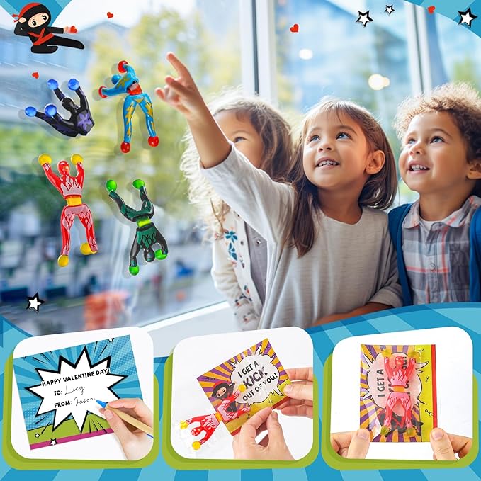 32Pack Sticky Wall Climbing Men Ninja Toy Set, Valentines Day Gifts Cards for Kids Students Classroom Exchange Prize, Valentine's Party Favors for Boys Girls, Valentine's Greeting Cards