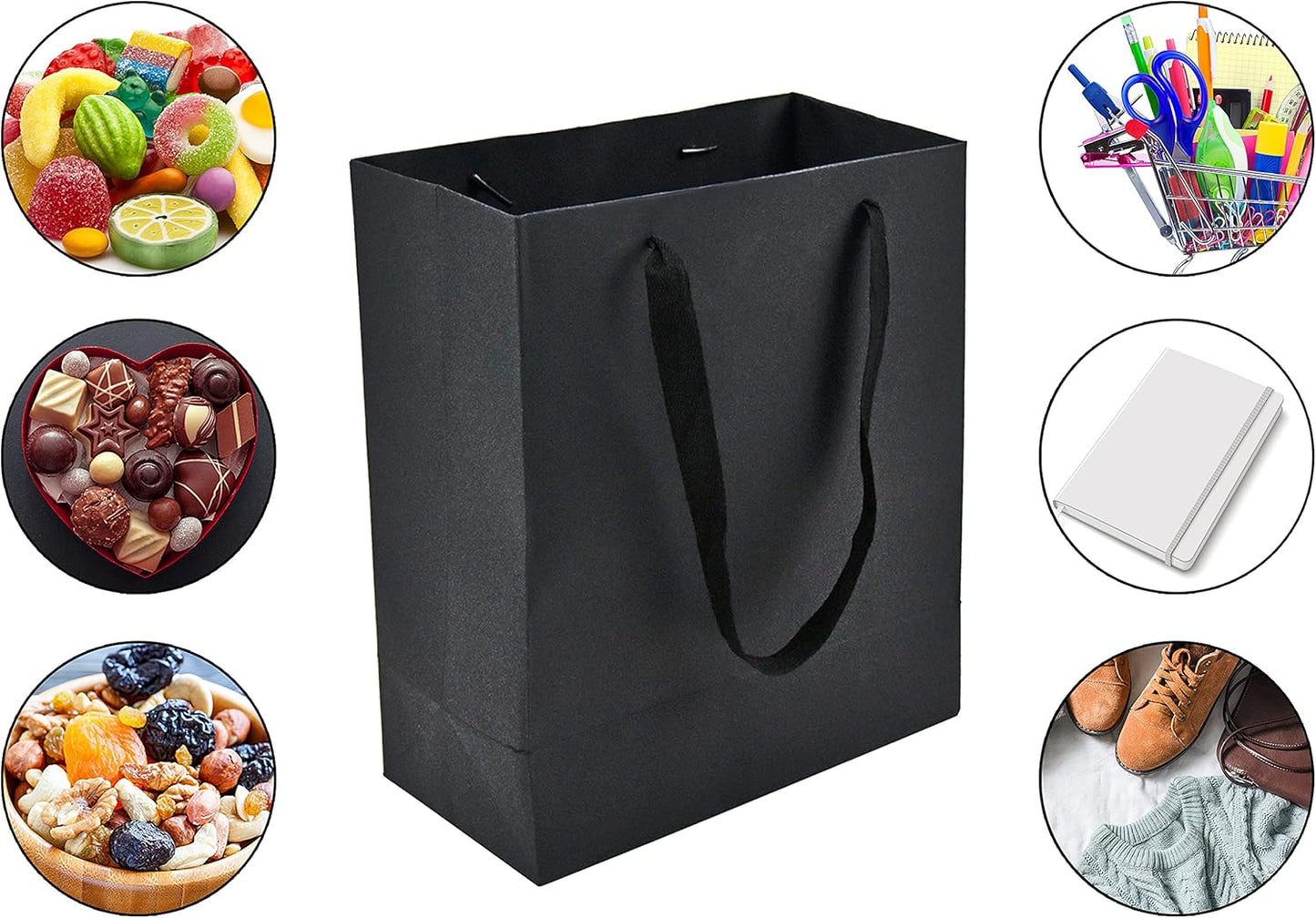 HUAPRINT 30 Pack Black Gift Bags with Ribbon Handles,10x4.5x11 inch Paper Bag Bulk for Shopping Party Favor Merchandise Business Wedding