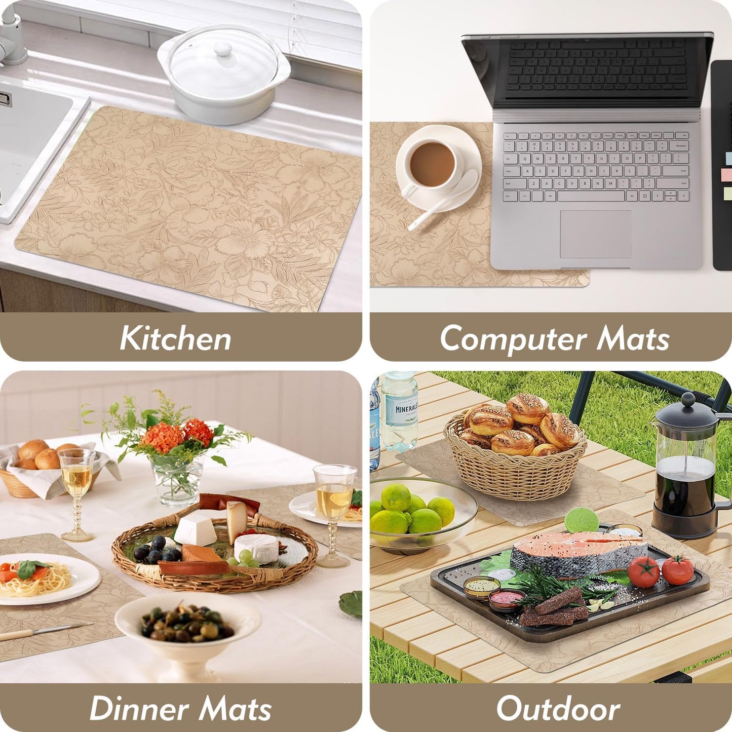 SolaraDawn Faux Leather Placemats Set of 4 Beige, 17" × 12" Waterproof & Heat-Resistant Dining Place Mats, Easy Wash Clean, Wipeable & Anti-Slip Table Mats with Shallow Embossed Texture