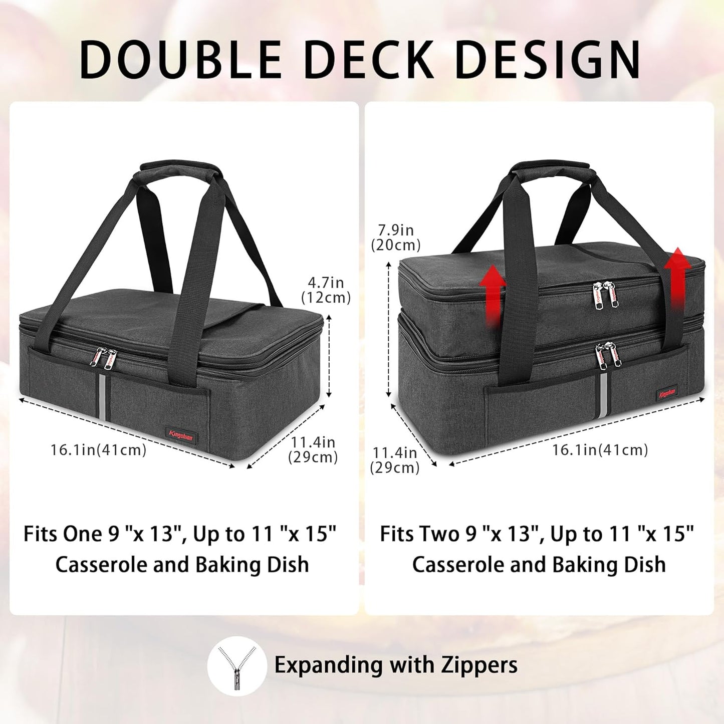 Double Decker Insulated Casserole Carrier for Hot or Cold Food, Expandable Thermal Food Carrier, Lasagna Holder Tote for Potluck Parties, Picnic, Cookouts, Beach Fits 9"x13" and 11"x15" Baking Dish