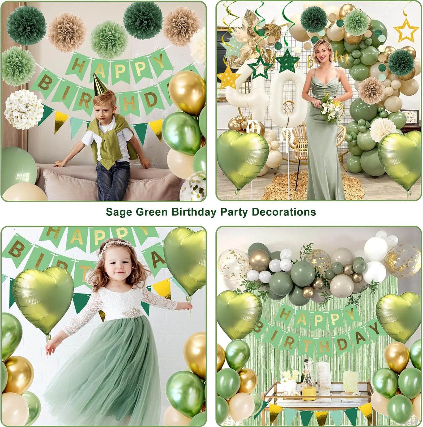 Happy Birthday Decorations for Women and Girls Sage Green Retro Rustic Neutral Boho Party Supplies - Banner, Fringe Curtains, Pom Poms, Hanging Swirls, Balloons, Cake Toppers