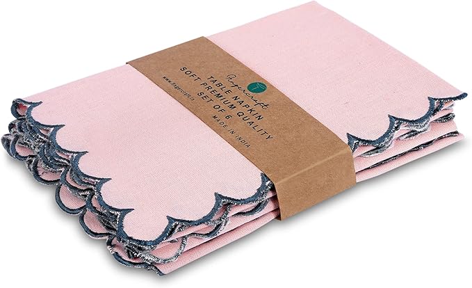 FINGERCRAFT Cloth Napkins, Everyday Use Reversible Scallop Design, Premium Quality Cotton Linen Blend Napkin Set of 6 Perfect for Parties Dinners Weddings Easter Napkin Cloth 20x20 Inch Dusty Pink